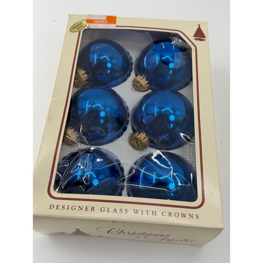 Vintage Christmas by Krebs Midnight Blue Glass Ornaments Set of 6 Crown Caps